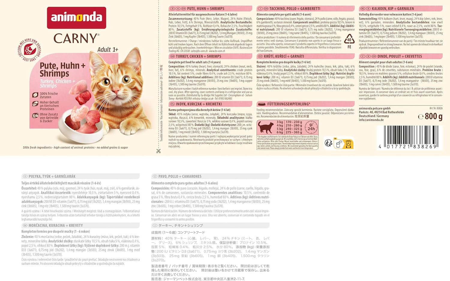 Animonda Carny hrană umedă pentru pisici curcan + pui + creveți (6 x 800g), hrană umedă fără cereale, fără zahăr, cu ingrediente proaspete din carne