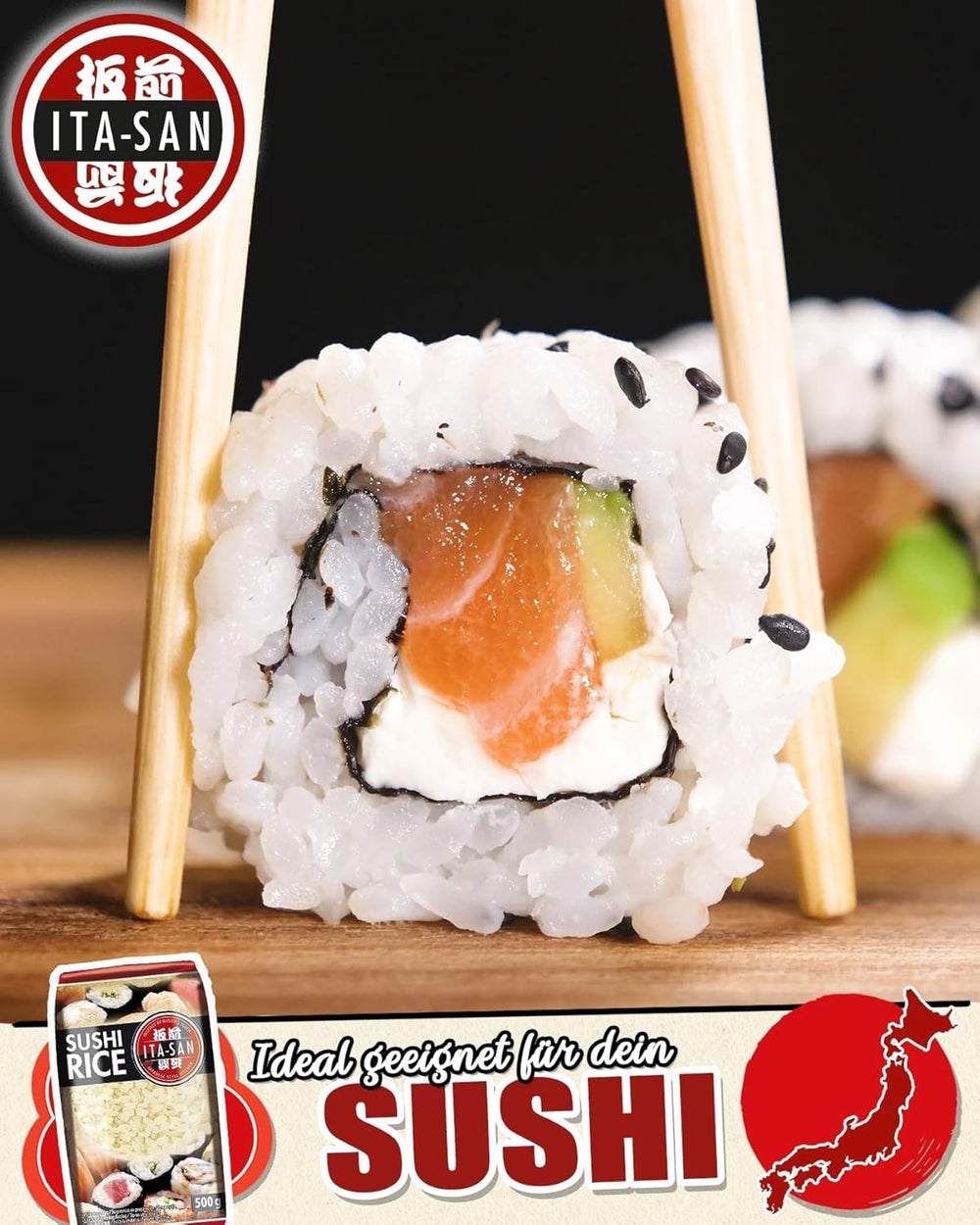 Ryż do sushi ITA-SAN, okrągłoziarnisty, najwyższej jakości, 100% czystej odmiany, szybkie i łatwe przygotowanie, wegański, halal, bezglutenowy (1 x 500g)