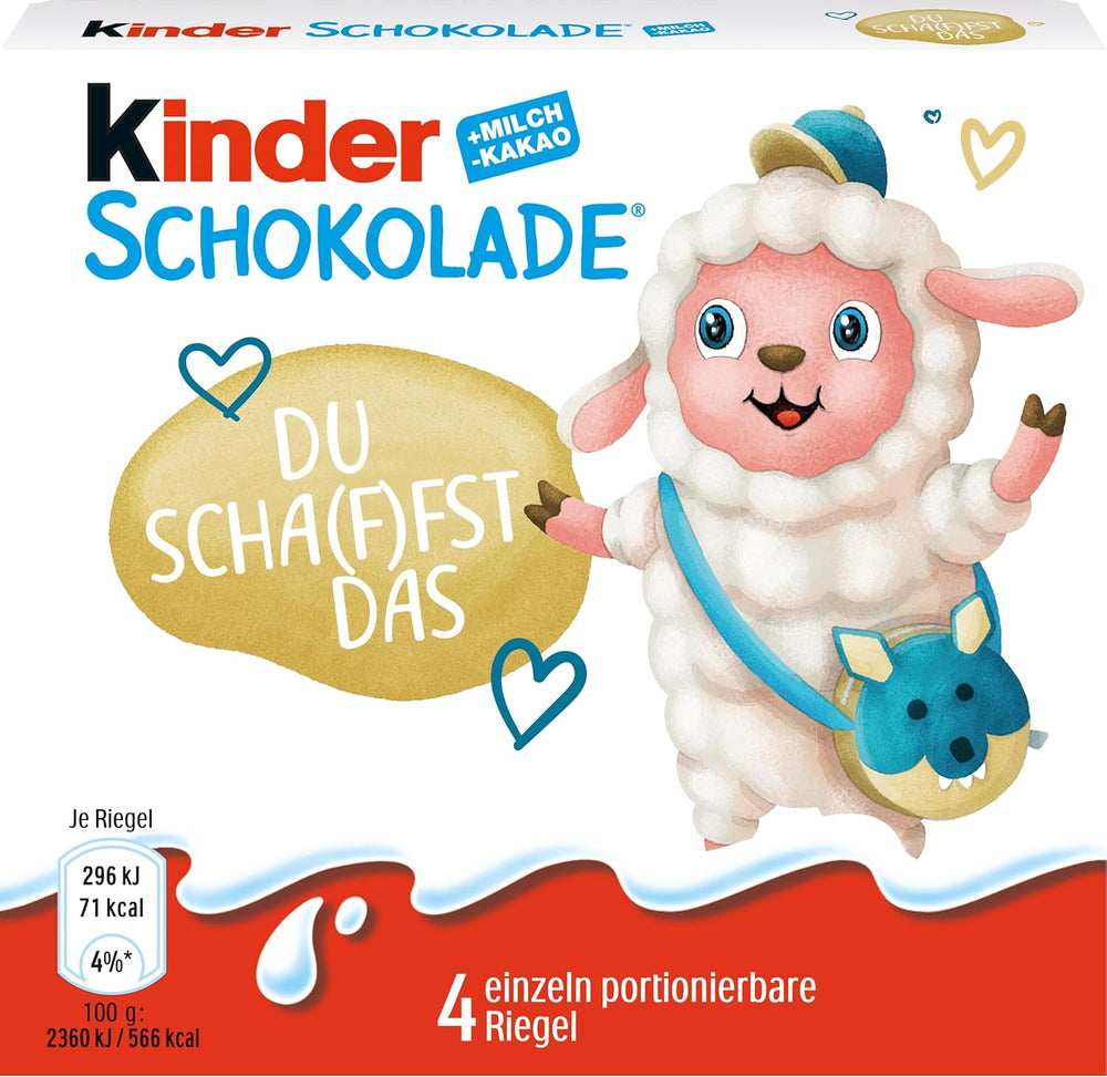Kinder Chocolate (20 x 50g) - Prezent na Walentynki dla niego i dla niej, słodycze karnawałowe i Mardi Gras - Nadziewane batoniki mlecznej czekolady - 20 opakowań po 4 pojedyncze tabliczki w każdym