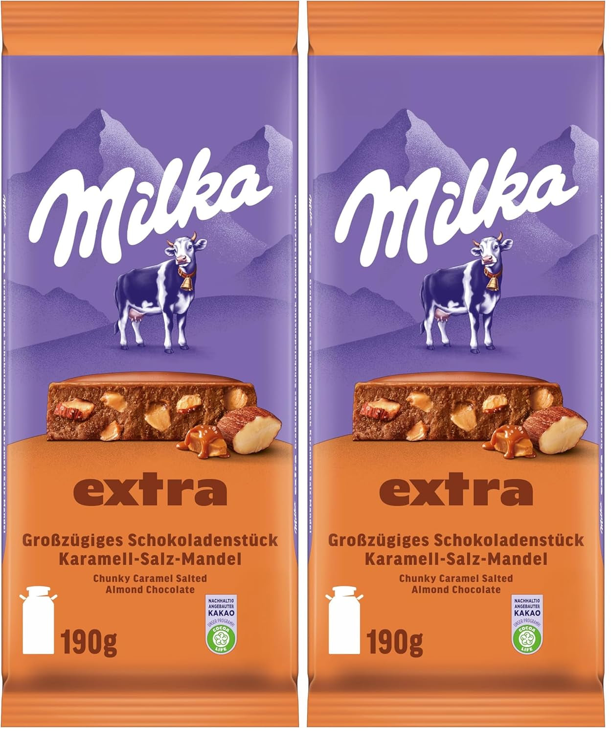 Milka Extra Caramel Salt Almond - Alpejska czekolada mleczna z kawałkami karmelu, migdałami i szczyptą soli - 190g