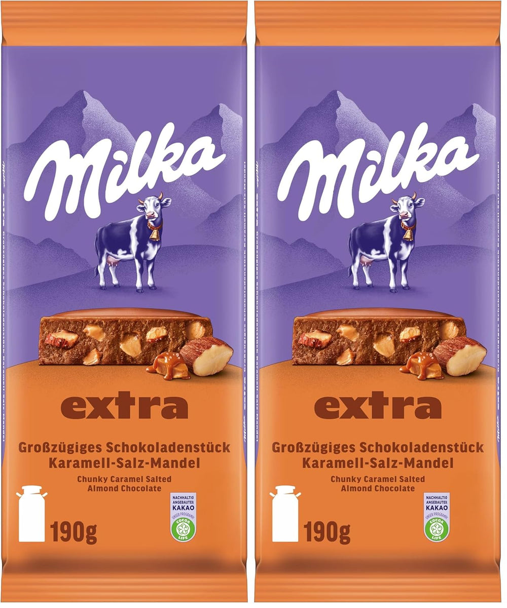 Milka Extra Caramel Salt Almond - Alpejska czekolada mleczna z kawałkami karmelu, migdałami i szczyptą soli - 190g