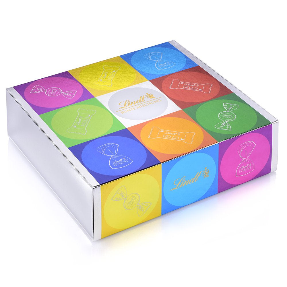 Asortyment czekoladowy (37 kulek LINDOR, 24 patyczki Hello Mini, 10 Mini Fioretto), prezent czekoladowy (1 x 815 g) i HELLO Mini Emoti, mleczna czekolada w 5 wzorach emotikonów, 164 g