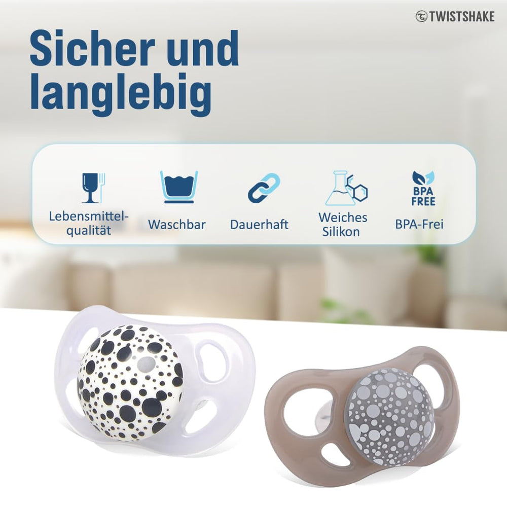 Suzete Twistshake pentru bebeluși – Pachet de 2 | Formă ortodontică | Ultra-ușoare | Tetină din silicon moale | Fără BPA | Potrivite pentru bebeluși de la 6 luni | Gri-alb