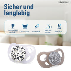 Suzete Twistshake pentru bebeluși – Pachet de 2 | Formă ortodontică | Ultra-ușoare | Tetină din silicon moale | Fără BPA | Potrivite pentru bebeluși de la 6 luni | Gri-alb