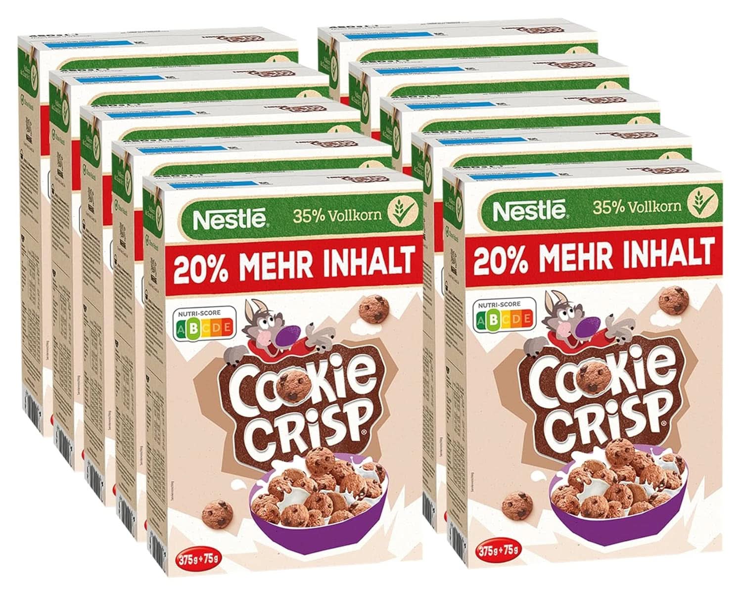 Cookie Crisp, produkty pełnoziarniste w formie ciastek na śniadanie dla dzieci, opakowanie 6 x 375 gramów Zestaw Cereale Naty Shop 10 x 450 gramów