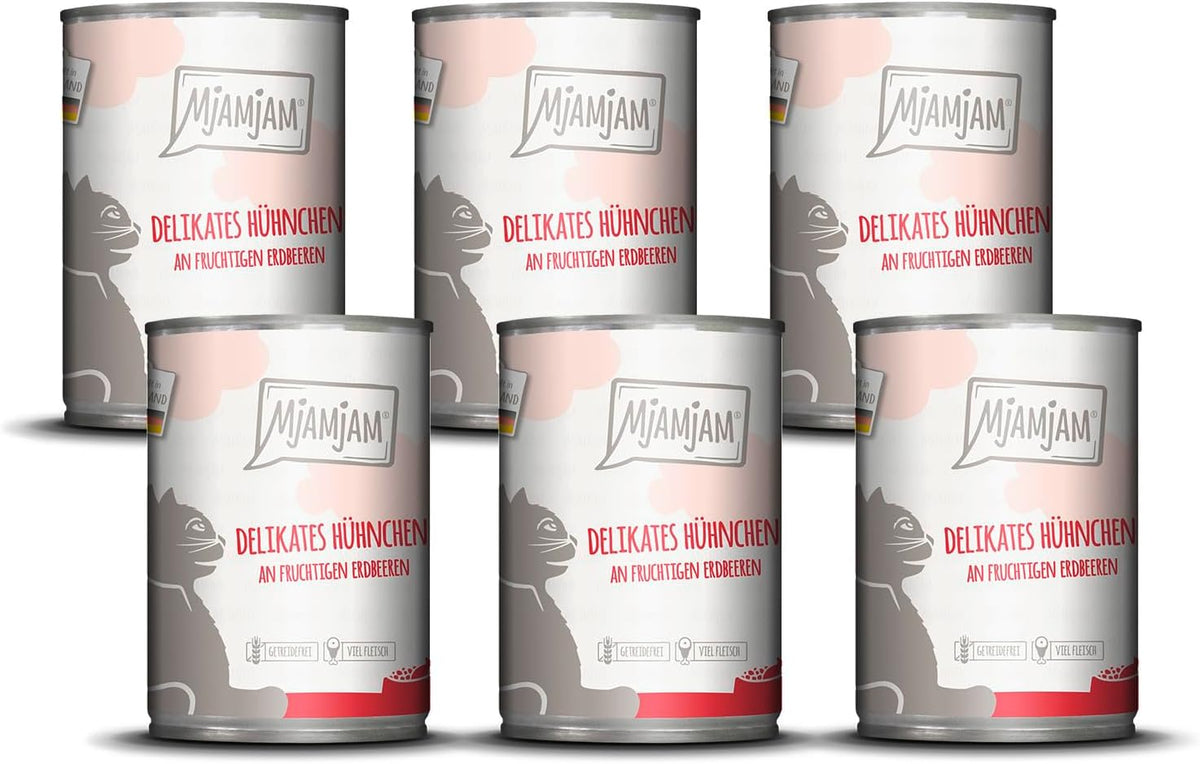 MjAMjAM – Hrană umedă premium pentru pisici - pui delicat cu căpșuni fructate 400g, pachet de 6 (6 x 400g), naturală cu carne suplimentară