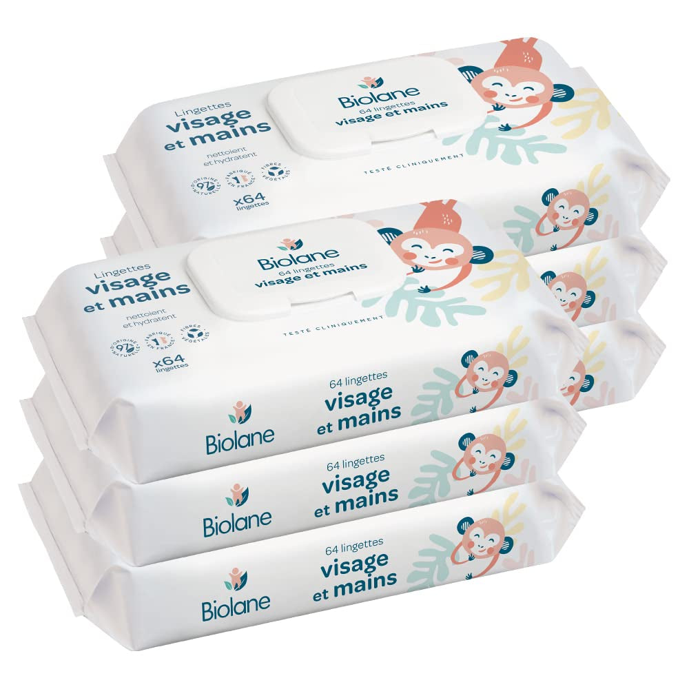 BIOLANE - Chusteczki nawilżane dla dzieci do twarzy i dłoni - Opakowanie 6 szt. - 384 chusteczki (6 x 64 cm) - Czyści i chroni - Artykuły toaletowe - Hipoalergiczny - Do skóry wrażliwej - 97% składników naturalnych - Wyprodukowano