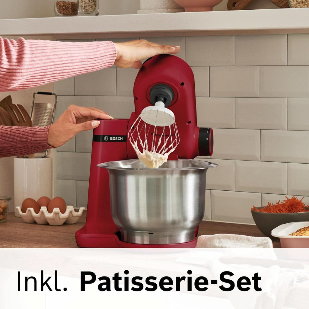 Bosch Küchenmaschine Serie 2 MUMS2ER01, Edelstahl-Schüssel 3,8 L, Planetenrührwerk, Knethaken, Schlag-, Rührbesen Edelstahl, Durchlaufschnitzler, 3 Scheiben, 700W, Rot Mama si Copilul Naty Shop