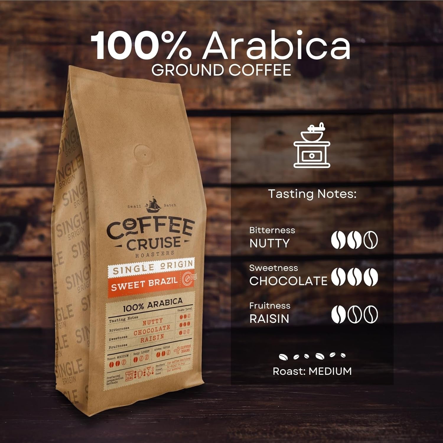 COFFEE CRUISE Sweet Brazil Brasilianische Kaffeebohnen 1kg - Mittlere Röstung - Aroma Kakao und Schokolade - Für Alle Kaffeemaschinen - 100% Arabisch