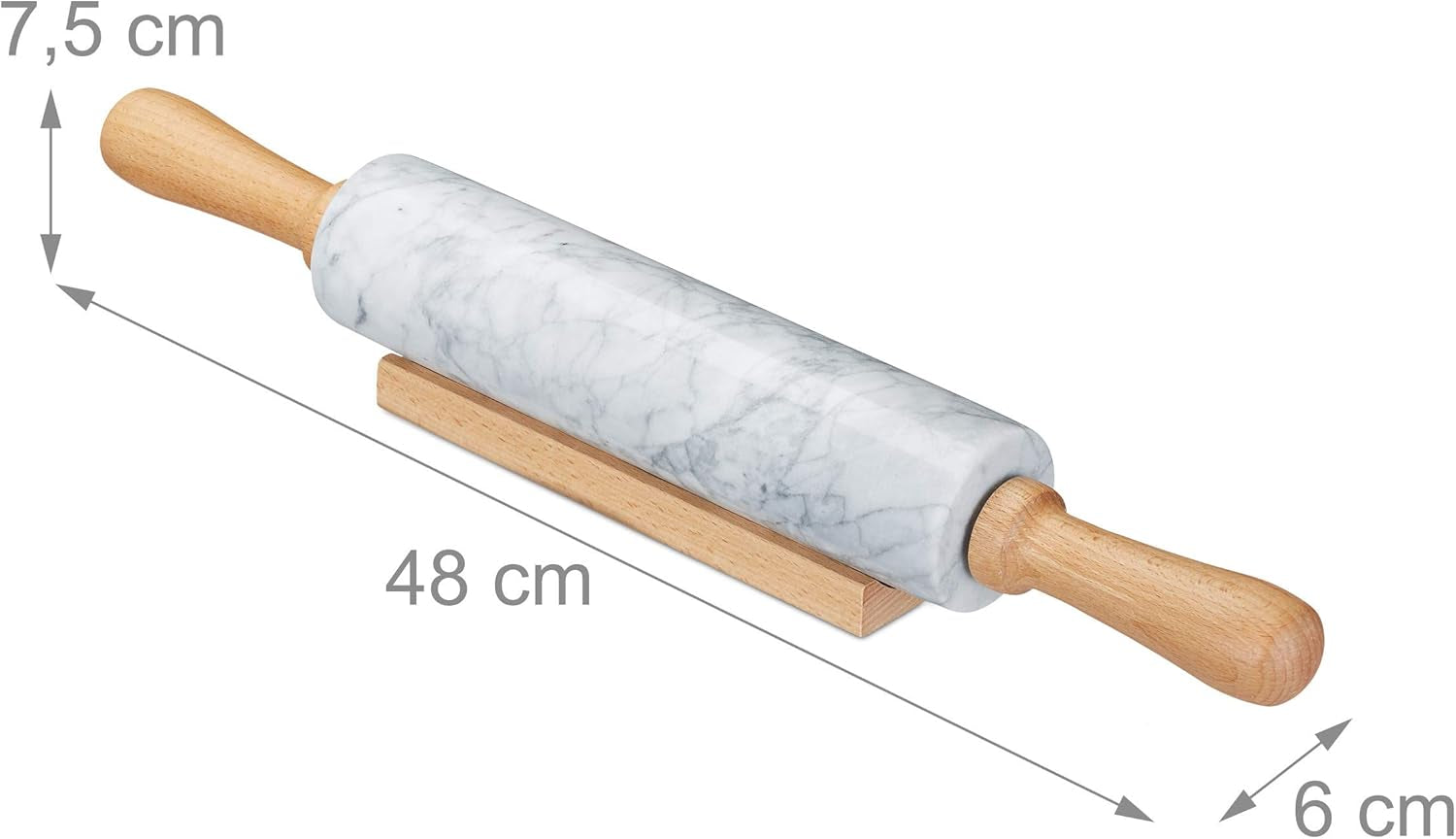 Relaxdays Nudelholz Marmor, Griffe aus Holz, Teigroller zum Kochen & Backen, mit Ablage, 48 cm, schwere Backrolle, biały