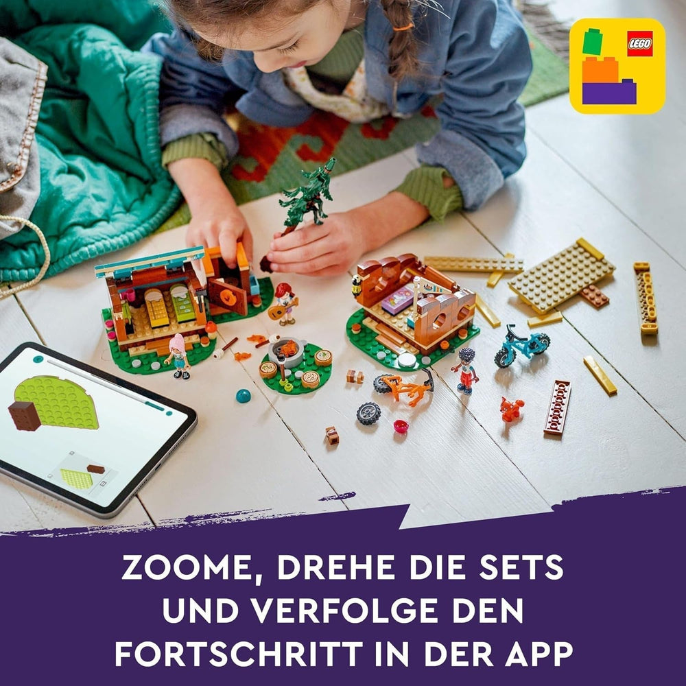 LEGO Friends Przytulne chatki na obozie przygodowym, zestaw do odgrywania ról na świeżym powietrzu, zabawka dla dziewcząt i chłopców od 7 lat z 3 figurkami i lisem, zabawka kempingowa 42624 Zestawy do budowania Besuche den LEGO-Store