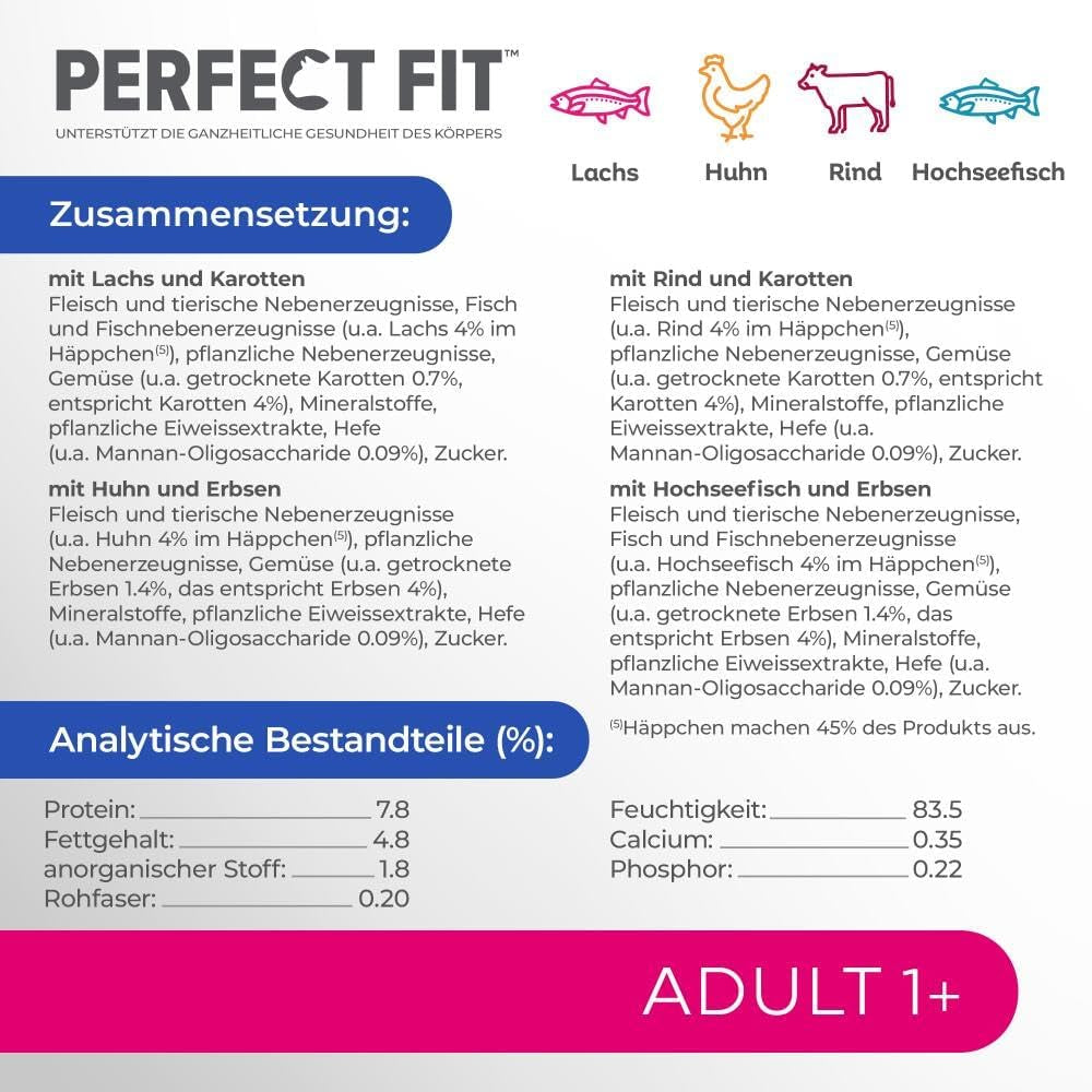 Selecție de hrană umedă Perfect Fit Adult 1+ cu somon, pește de adâncime, vită și pui, 48 de pliculețe, 12x85g (pachet de 4) – Hrană umedă premium pentru pisici adulte de la vârsta de 1 an