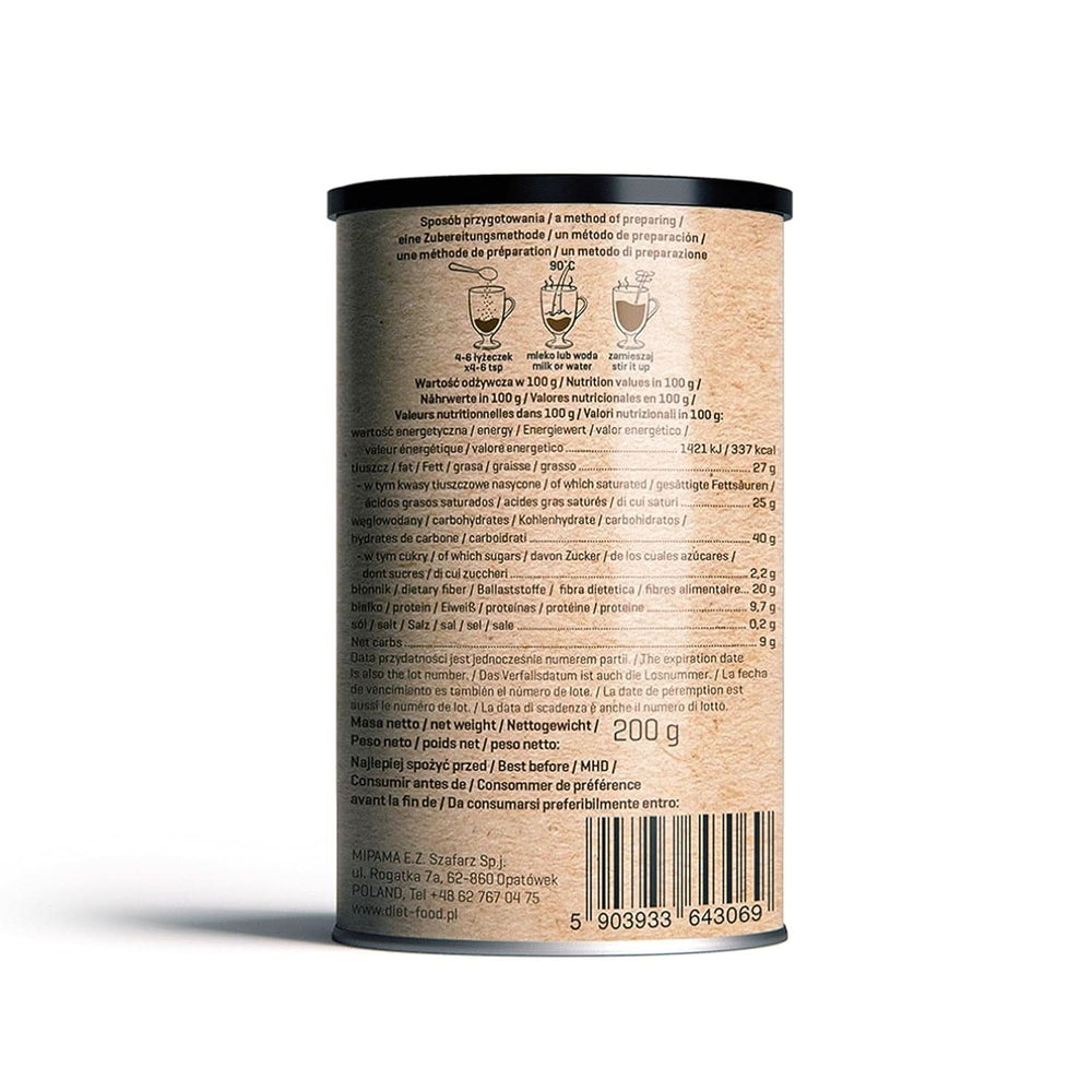 Gorąca czekolada dla diety Keto - bogata w tłuszcze - umiarkowana w białko i niska w węglowodany - słodzona erytrytolem, 200 gramów Kakao i Gorąca Czekolada Naty Shop