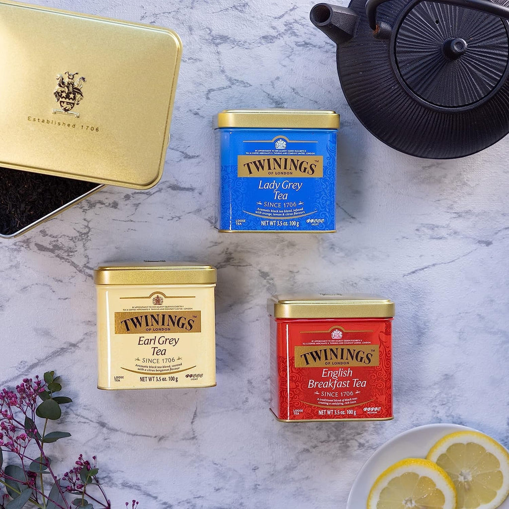Twinings English Breakfast Tea Ceai negru vrac în cutie de ceai Ceai negru puternic din frunze de ceai de înaltă calitate culese din cele mai bune plantații de ceai din Sri Lanka și India G, neutru, 100 grame
