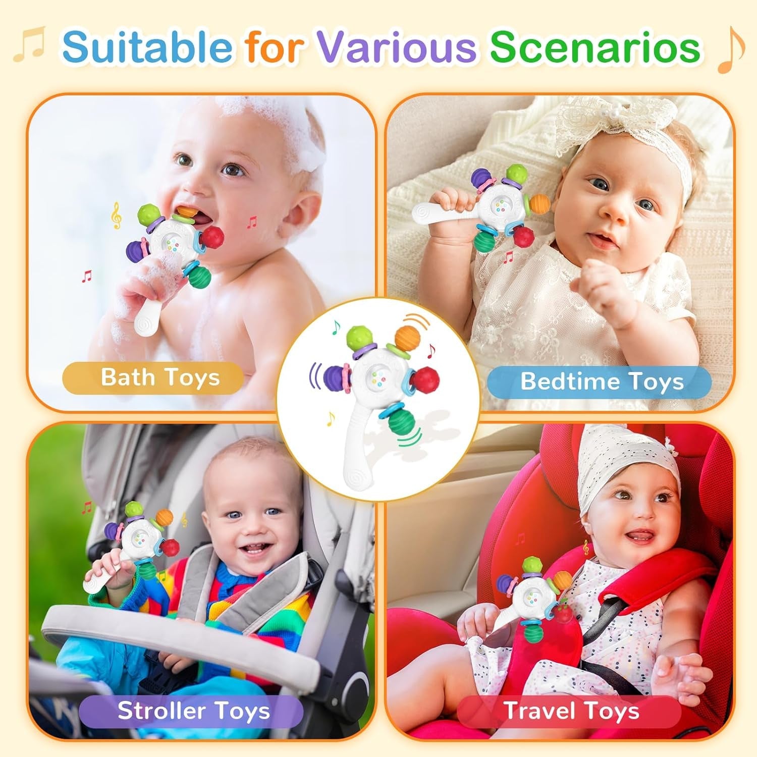 Inele de dentiție pentru bebeluși, de calitate alimentară - fără BPA, design rezistent la sufocare, prindere întărită, potrivite pentru dezvoltarea auzului și a dinților, ideale pentru bebelușii cu vârsta cuprinsă între 0 și 36 de luni (Alb)