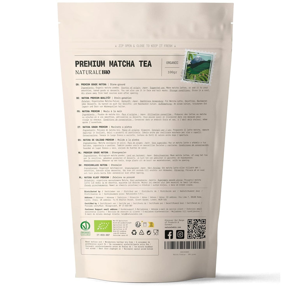 Naturalebio Matcha Ceai pudră bio - Calitate premium - 100G. Ceai verde original din Japonia. Ideal pentru băut. Ceai verde pentru latte, smoothie-uri. Produs în Uji, Kyoto.