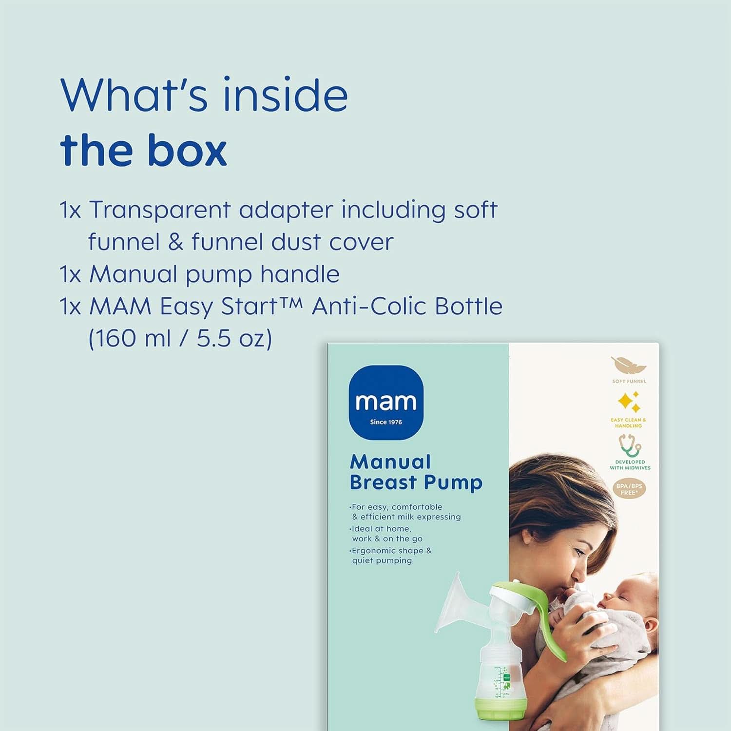 Laktator ręczny MAM - wygodny i kompaktowy laktator do mleka matki, który zawiera 1 butelkę antykolkową MAM Easy Start Akcesoria Żywność i karmienie piersią Sklep Bebe Naty