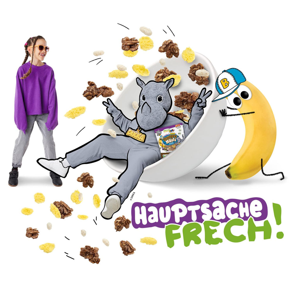 FRECHE FREUNDE KIDS, Bobs & DIKKAs Chrupiące muesli kakaowe z bananami, Muesli z chrupiącą czekoladą dla dzieci, o niskiej zawartości cukru, bez dodatków, 100% wegańskie, 6 sztuk (6 x 280g)