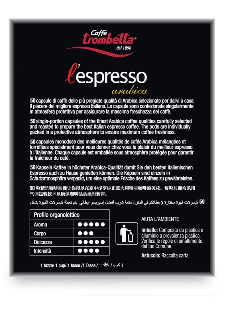 Caffè TROMBETTA L 'Espresso, Italien Kaffee Nespresso kompatible Kapseln. Aus 100% Arabica mit einem vollmundigen und körperreichen - 50 Kapseln , 50 Stück (1er Pack)