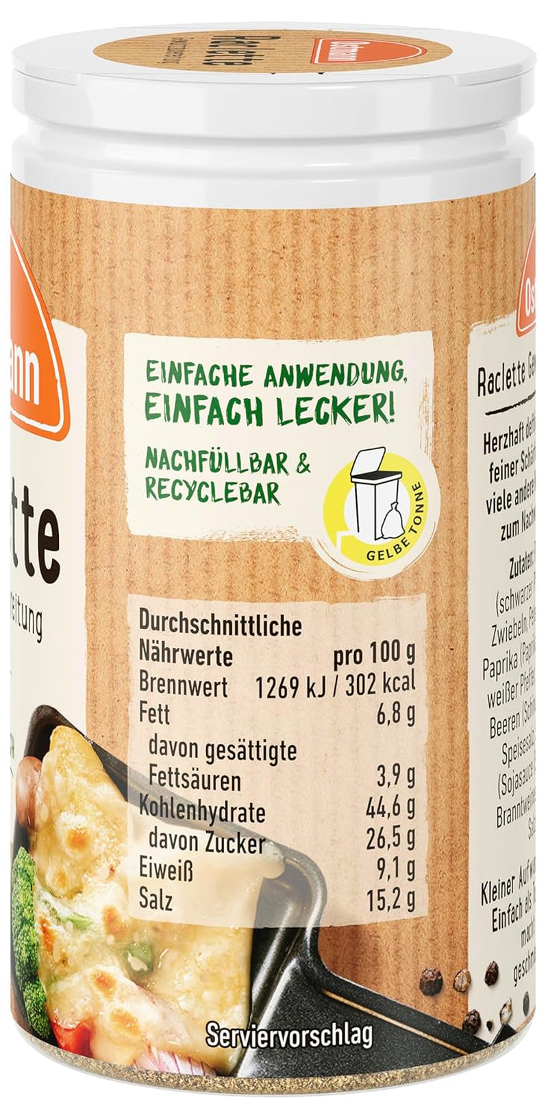 Ostmann Gewürze - Raclette Gewürzzubereitung | Zum Würzen von Käsegerichten | Recyclebare, nachfüllbare Streudose | 45 g w Streuerze
