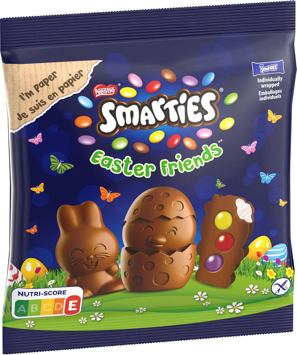 NESTLÉ SMARTIES Easter Friends, figurki o tematyce wielkanocnej, wykonane z delikatnej mlecznej czekolady z kremowym nadzieniem i kolorowych mini soczewicy z czekoladą SMARTIES, 1 opakowanie (1 x 65g)