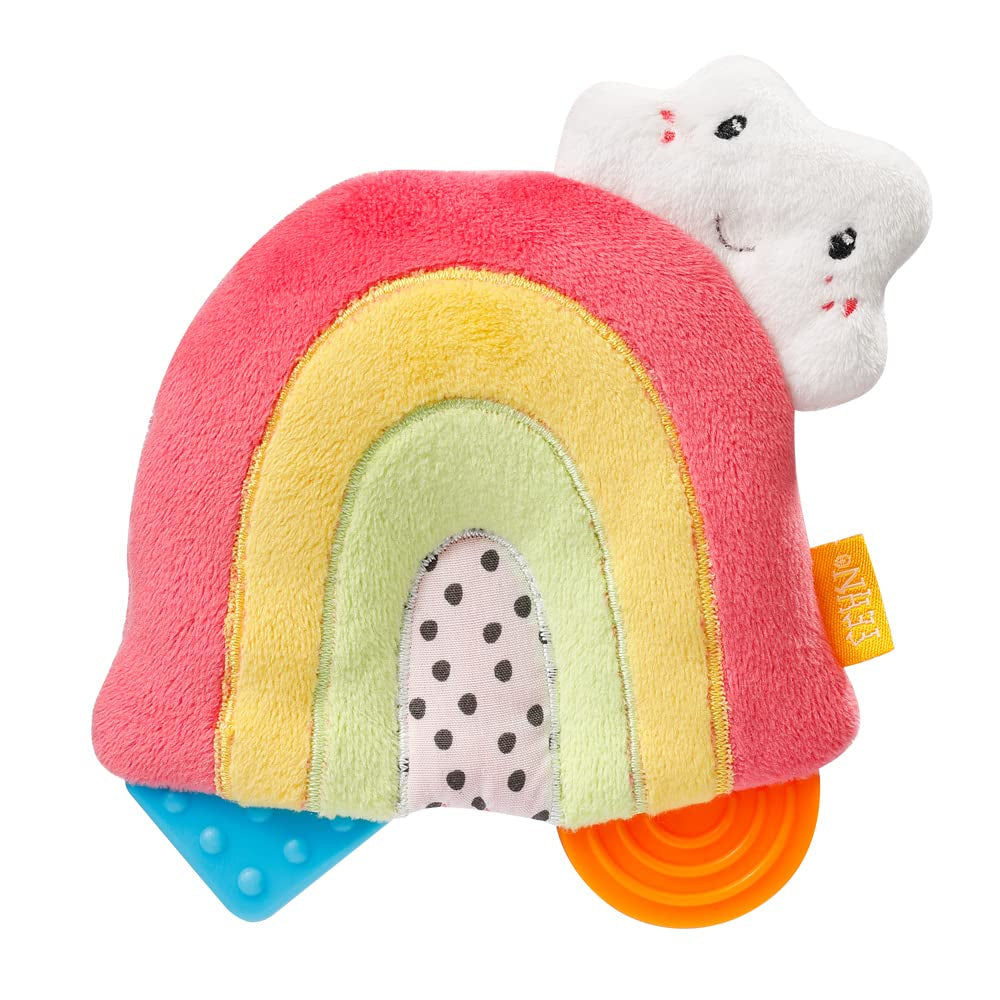 Fehn 055283 Jucărie de prindere câine cu teether COLOR Friends - Jucărie pentru copii cu clopoțel, squeaker și teether moale pentru bebeluși și copii mici de la 0+ luni - Dimensiune: 16 cm Jucarii Bebe Naty Shop Curcubeu