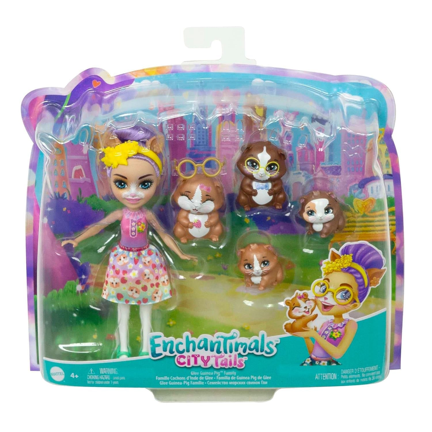ENCHANTIMALS City-Tails Glee Guinea Pig Family - Păpușă Cobai cu 4 figurine adorabile Cobai, pentru copii cu vârsta de 4 ani și peste, HHB84