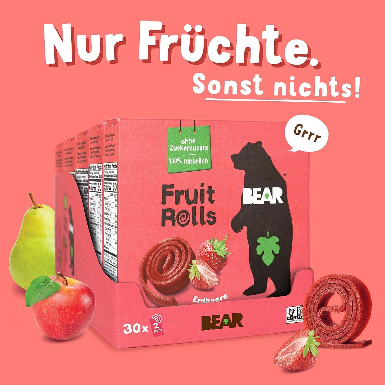 Rulouri de fructe BEAR cu căpșuni, 100% ingrediente naturale, 30 x 20 grame Produse deshidratate Naty Shop