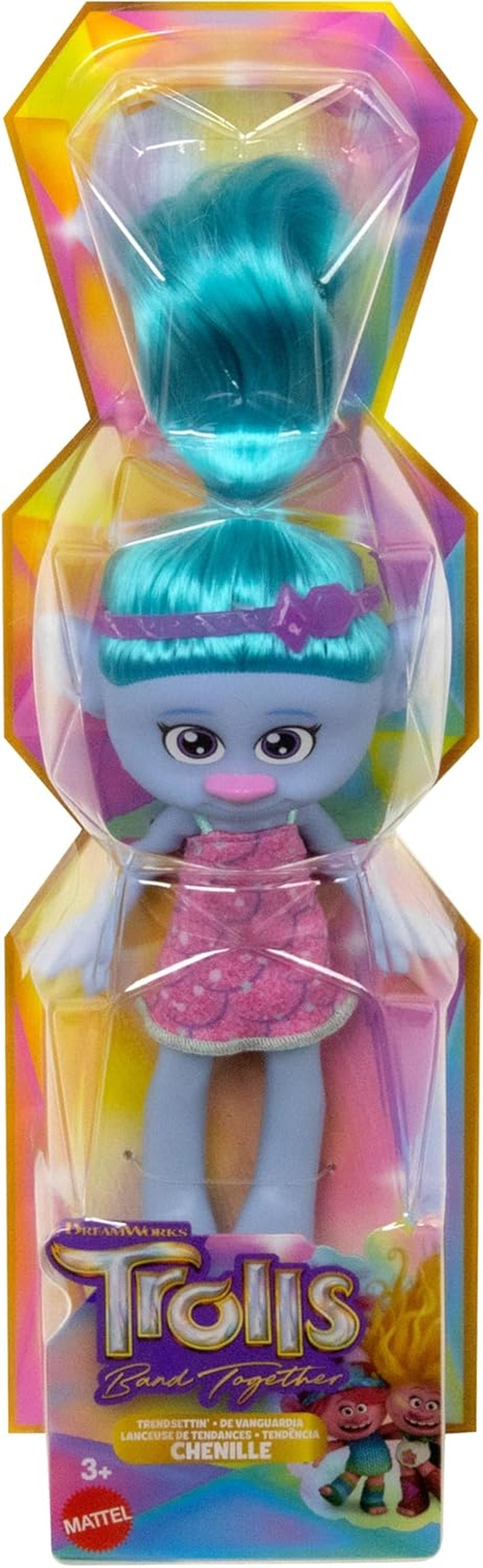 Mattel DREAMWORKS TROLLS Gemeinsam Stark – Haarige Überraschungen Chenille Puppe mit leuchtend blauem Haar zum Stylen, lila Stirnband, für Kinder ab 3 Jahren, HNF15