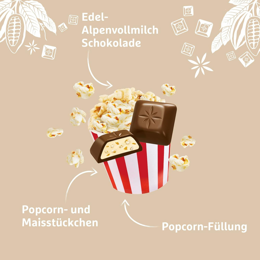 Popcorn Schogetten 1 tabliczka czekolady x 100 g, czekolada mleczna z popcornem i kawałkami kukurydzy, praktyczne pojedyncze sztuki. Przysmak. Kawałek po kawałku.