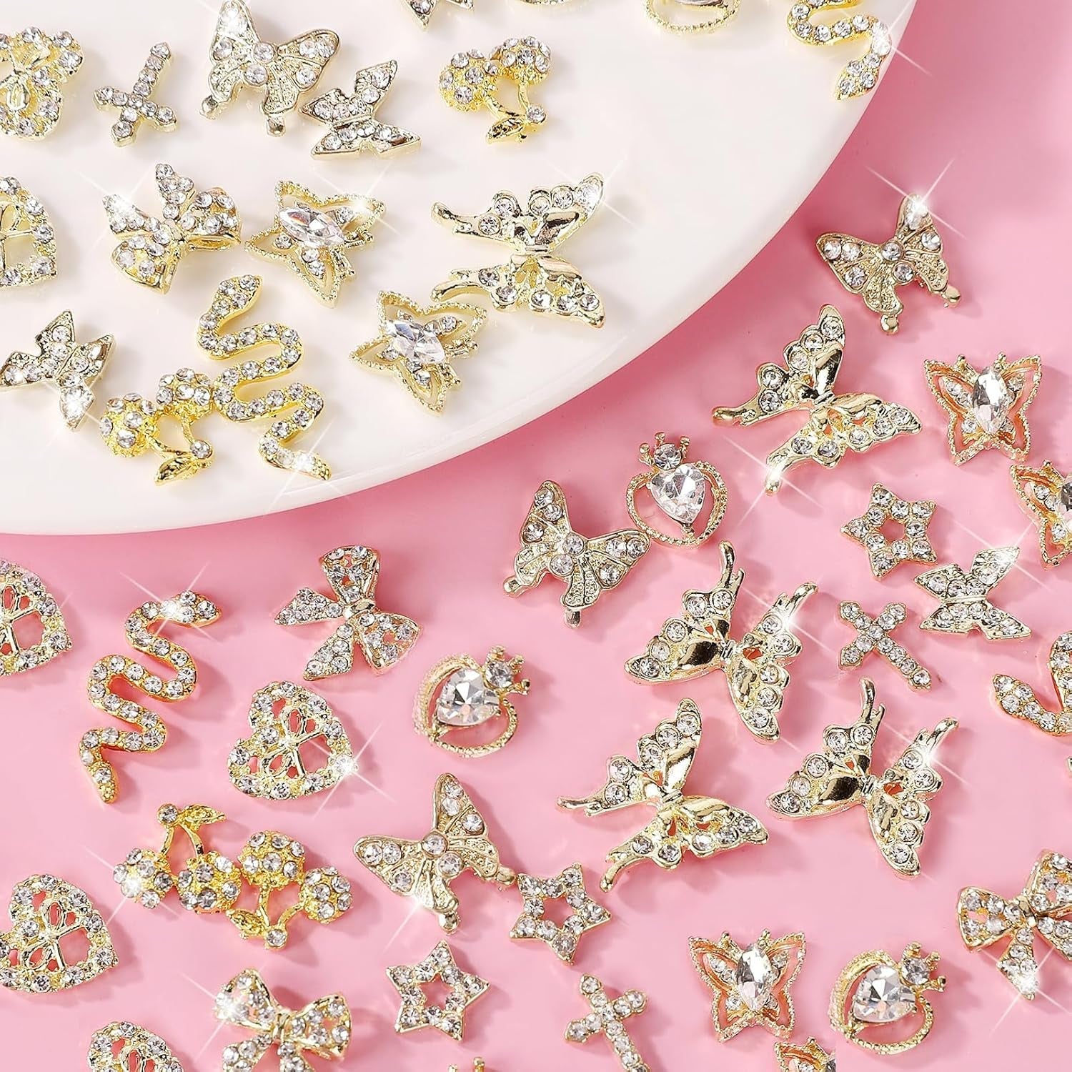 24 Stück Nagel-Charms, Y2K-Legierung, Nail Art, Strass-Charms, 3D-Herz, Schleife, Schmetterling, Charm Mit Strasssteinen, Kirsch-Nagel-Edelsteinen, Glänzender Schmuck