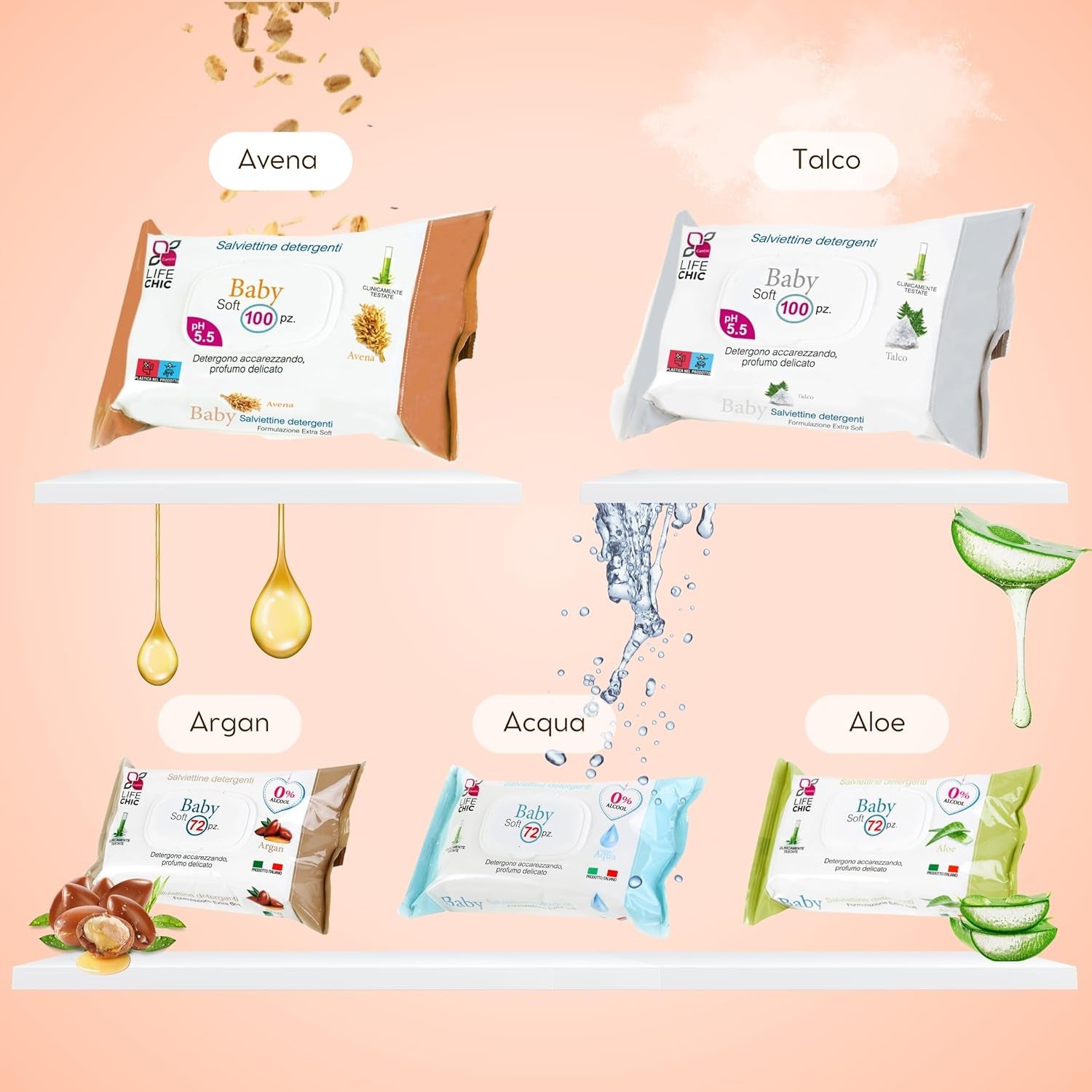 Chusteczki dla niemowląt z talkiem do skóry wrażliwej, bez alkoholu, przyjazne dla skóry, pH 5,5, lekko pachnące, 1200 szt. (12 szt.)