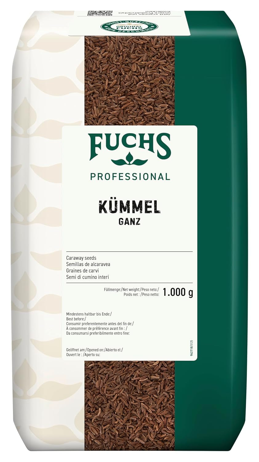 Fuchs Professional - Kümmel ganz | Ungemahlen, zum Würzen von Bratkartoffeln oder Krautgerichten | Profi-Qualität für Großverbraucher und Gastronomie | Worek 1 kg nadający się do recyklingu