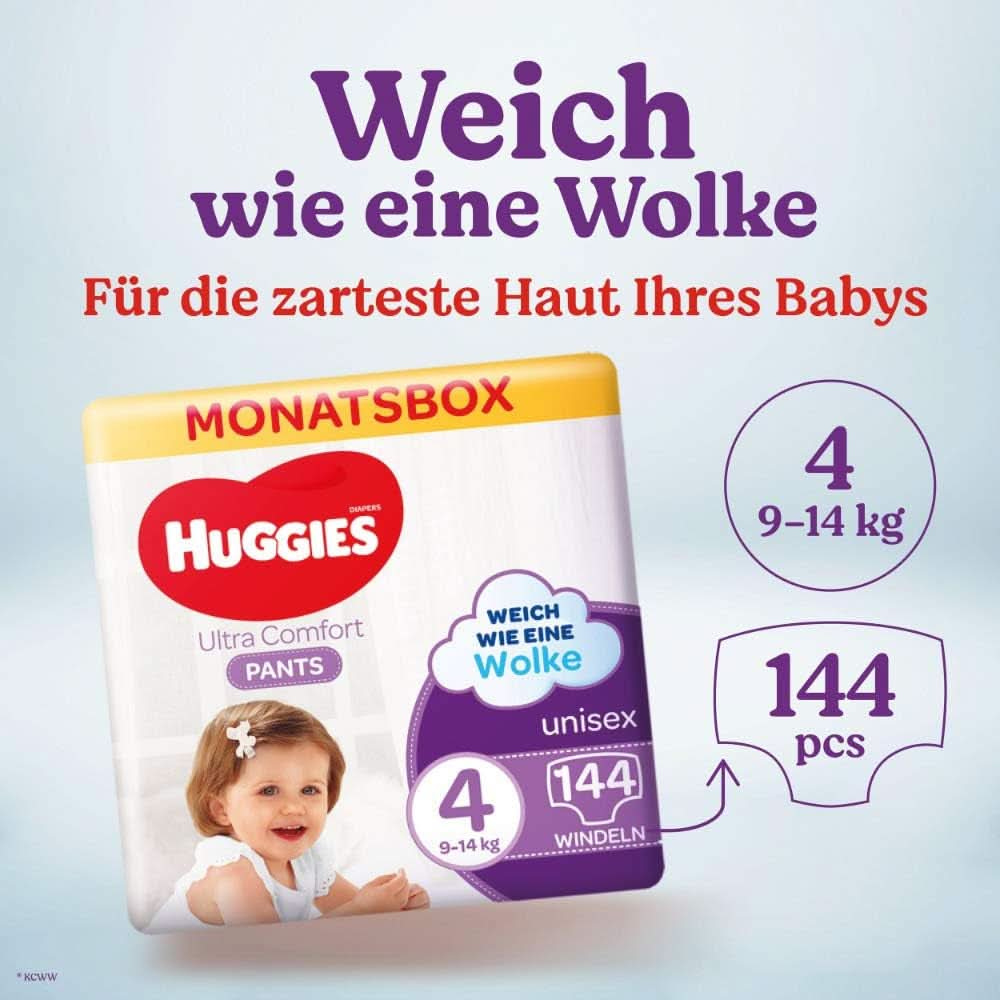 Spodnie Huggies Ultra Comfort rozmiar 4, 9-14 kg, Dla aktywnych dzieci, Ze wskaźnikiem wilgoci i technologią chmurki w pasie, 144 pieluchy dla matki i dziecka Naty Shop
