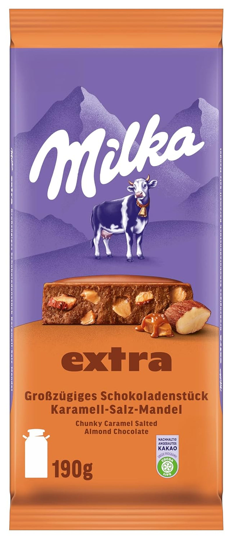 Milka Extra Caramel Salt Almond - Alpejska czekolada mleczna z kawałkami karmelu, migdałami i szczyptą soli - 190g