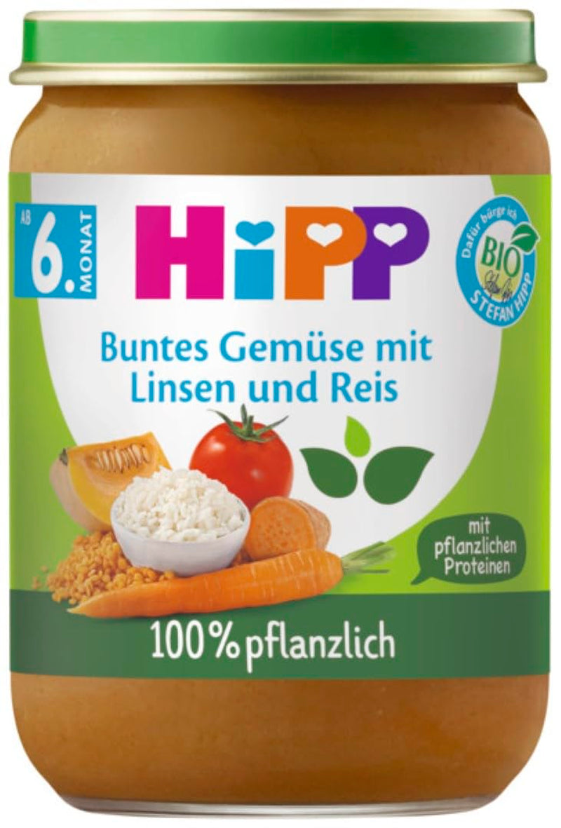 HiPP Organiczne Kolorowe Warzywa Z Soczewicą i Ryżem (6 x 190g), od 6 miesiąca życia, 100% roślinne, bez dodatku soli, z Omega-3, najwyższej jakości organicznej
