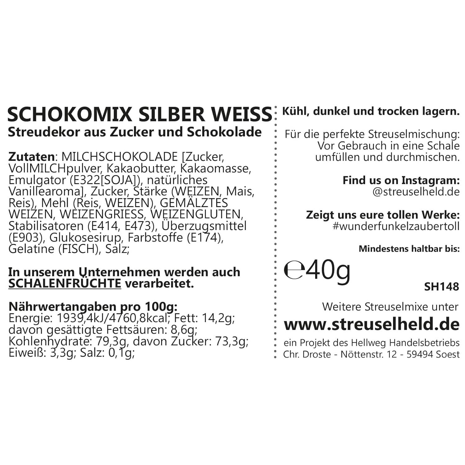 Mieszanka czekoladowa Streusel Hero Srebrno-biała posypka, 40 gramów Naty Shop