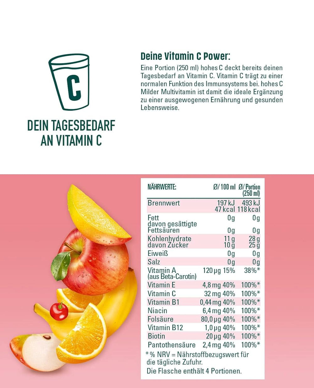 Wysoka C Łagodna Multiwitamina (1 X 1,5L), Sok 100%, jabłko, pomarańcza, acerola, mango, 7 witamin, Zgodnie z prawem Bez dodatku cukru, Mniej kwasu, Wegańskie Napoje bezalkoholowe Naty Shop