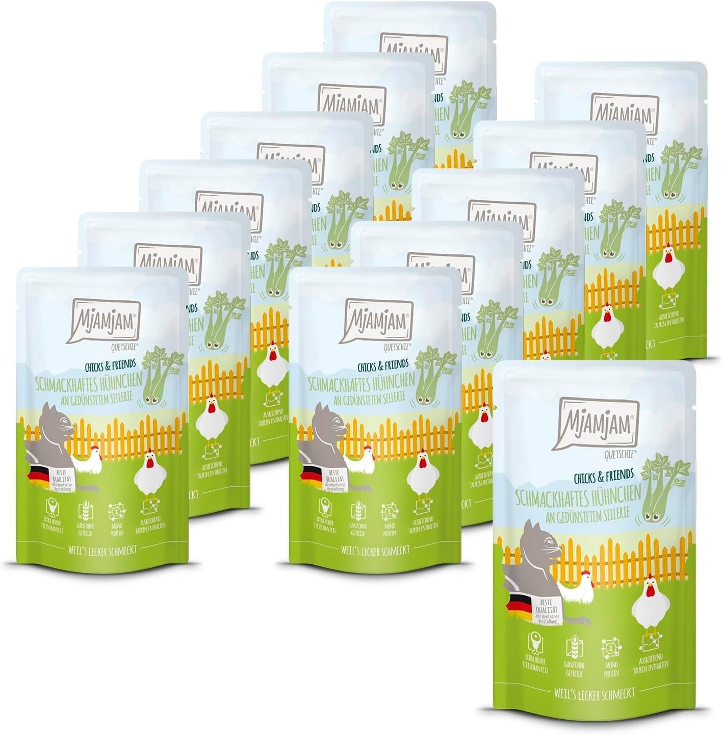 Mjamjam - Hrană umedă premium pentru pisici - Chicks & Friends Box, 9 pachete (9 X 300G), fără cereale și cu carne suplimentară