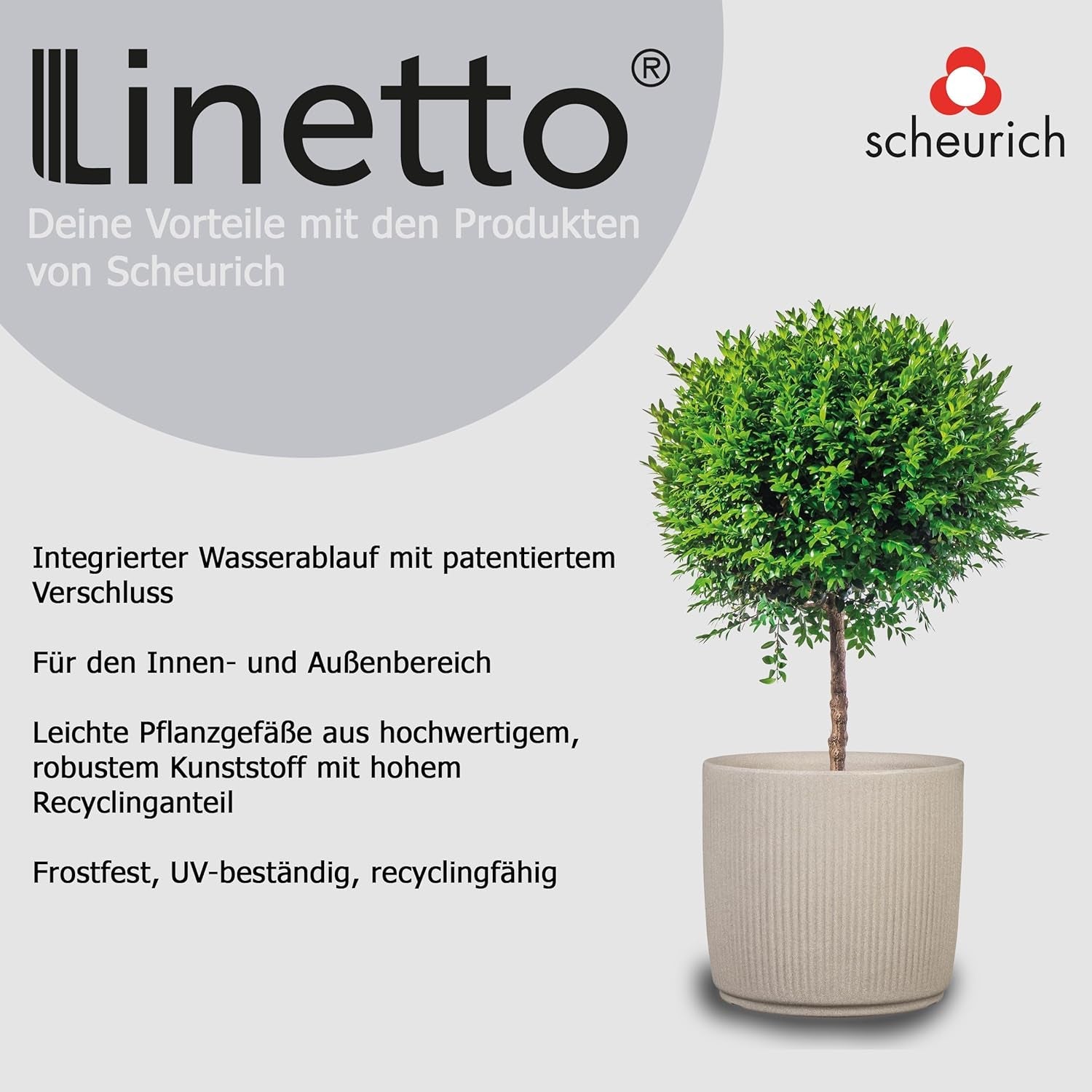 Scheurich Linetto 30, jardinieră/ghiveci/jardină, rotundă, culoare: nisip, fabricată din plastic reciclat, garanție 10 ani, pentru uz exterior
