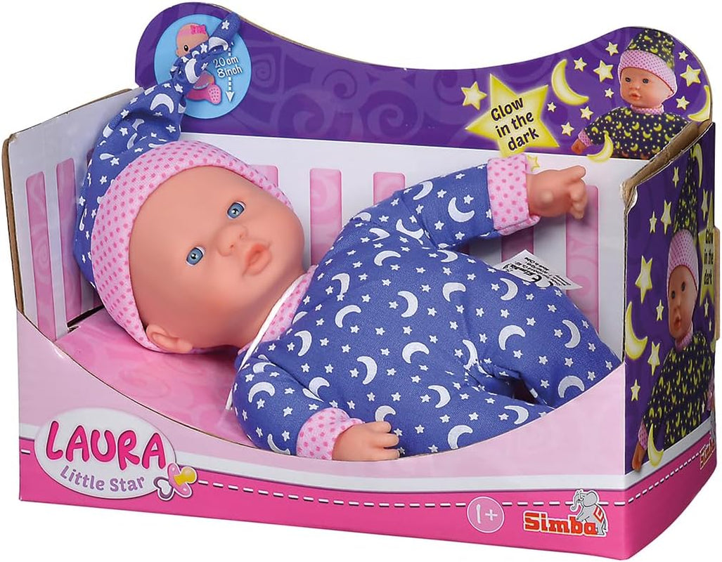 Simba 105010010 - Laura Little Star, păpușă cu corp moale, într-o rochie drăguță și o căciulă cu luni și stele strălucitoare, 20 cm, fosforescentă, păpușă bebeluș de la 12 luni
