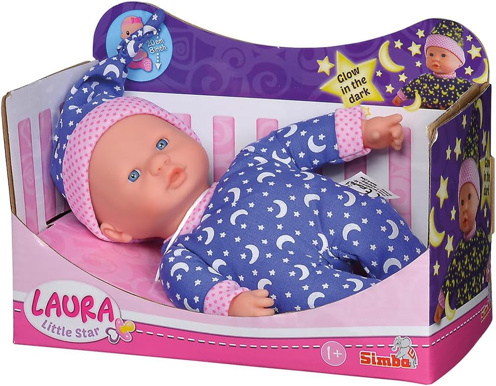 Simba 105010010 - Laura Little Star, păpușă cu corp moale, într-o rochie drăguță și o căciulă cu luni și stele strălucitoare, 20 cm, fosforescentă, păpușă bebeluș de la 12 luni