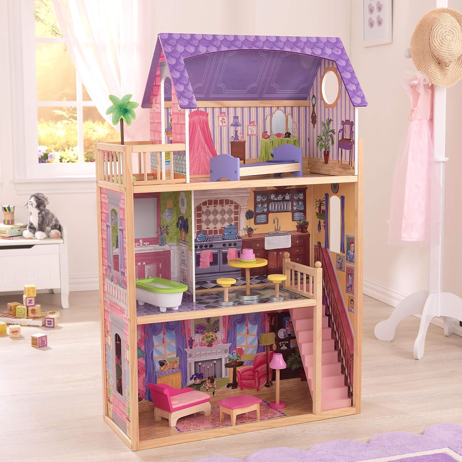 Drewniany domek dla lalek Kidkraft Kayla z meblami i akcesoriami, 3-poziomowy zestaw dla lalek 30 cm, zabawka dla 3 lat, 65092 — wyłącznie w sklepie Amazon Dollhouses Naty Shop