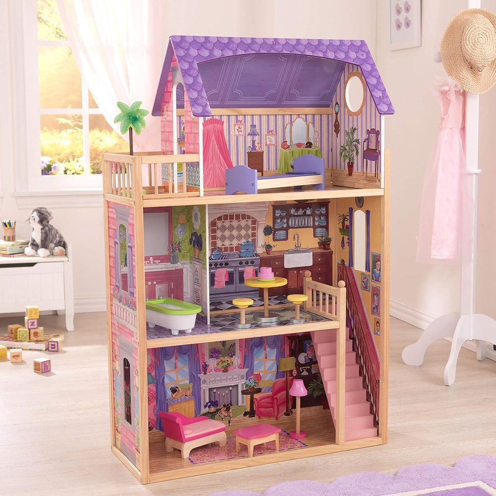 Drewniany domek dla lalek Kidkraft Kayla z meblami i akcesoriami, 3-poziomowy zestaw dla lalek 30 cm, zabawka dla 3 lat, 65092 — wyłącznie w sklepie Amazon Dollhouses Naty Shop