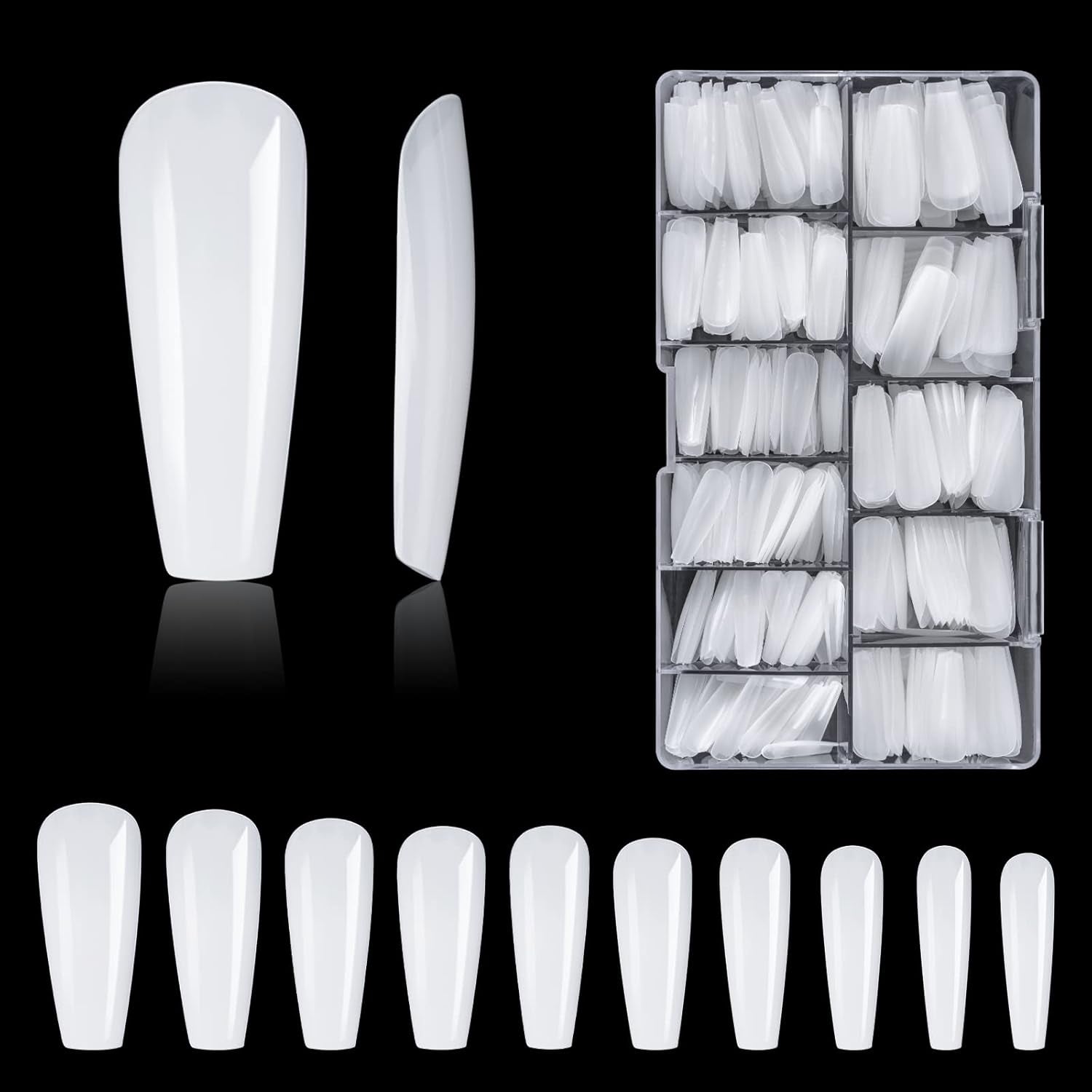 Tipuri de unghii, 500 bucăți de vârfuri de unghii false acrilice artificiale cu cutie de depozitare pentru saloane de unghii și nail art DIY acasă, 10 dimensiuni