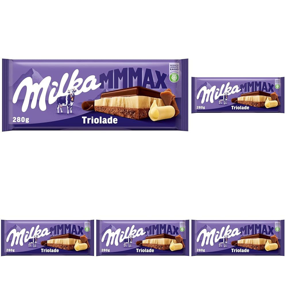 Milka Triolada 1 x 280g | Duży, trójwarstwowy batonik czekoladowy | Czekolada mleczna alpejska, czekolada biała i gorzka | Czekolada Milka ze 100% mleka alpejskiego | Batony czekoladowe (opakowanie 5 sztuk)