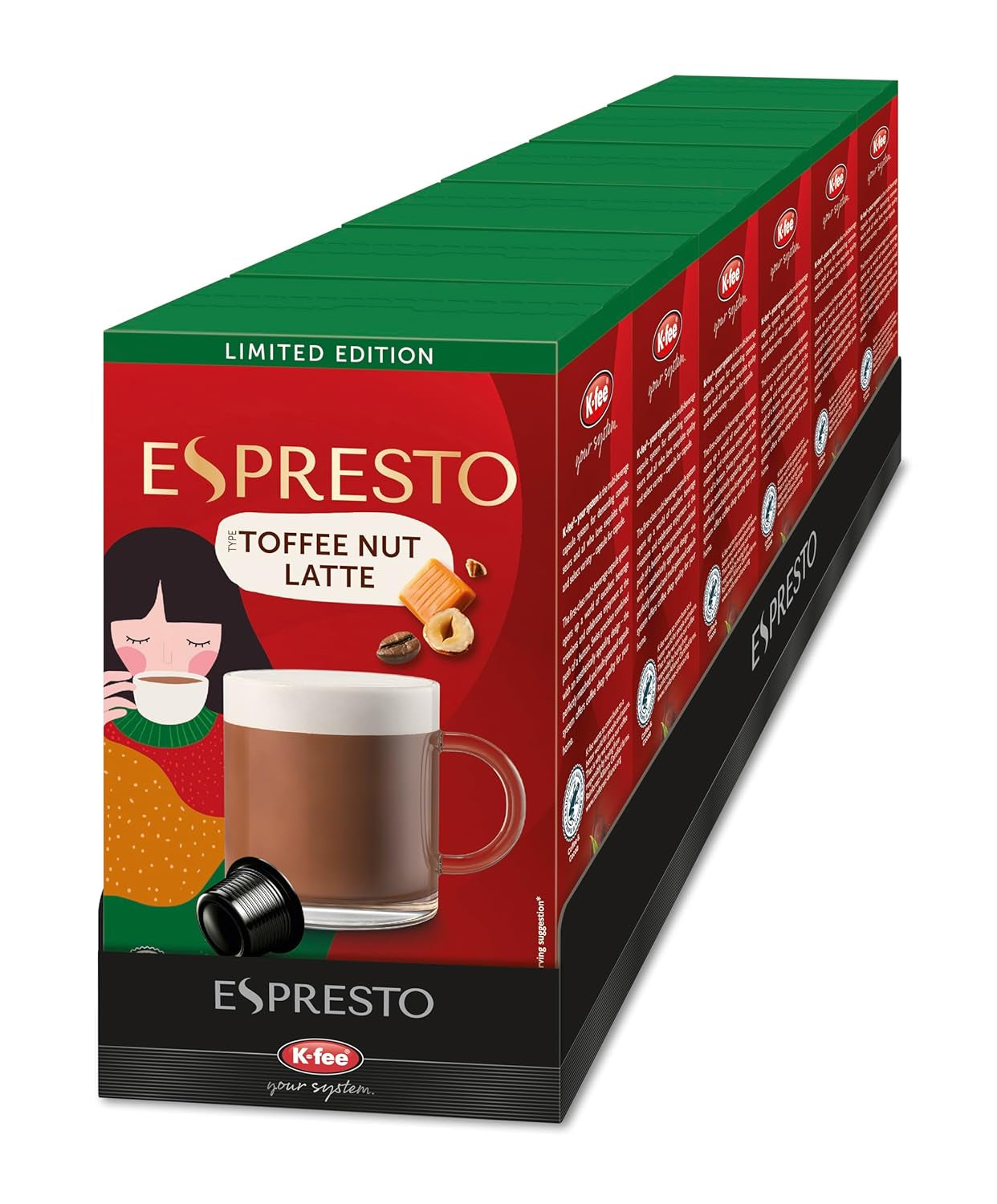 ESPRESTO Toffee Nut Latte, kompatibel mit K-fee & ALDI EXPRESSI*, aromatisierter Milchkaffee, RFA zertifiziert, 96 Kapseln