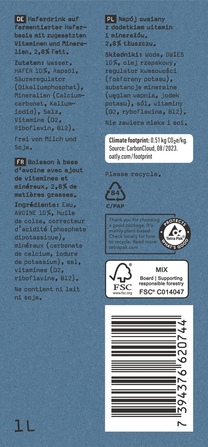 Oatly Haferdrink 2,8% Fett - Packung mit 6 (6 x 1 litr)