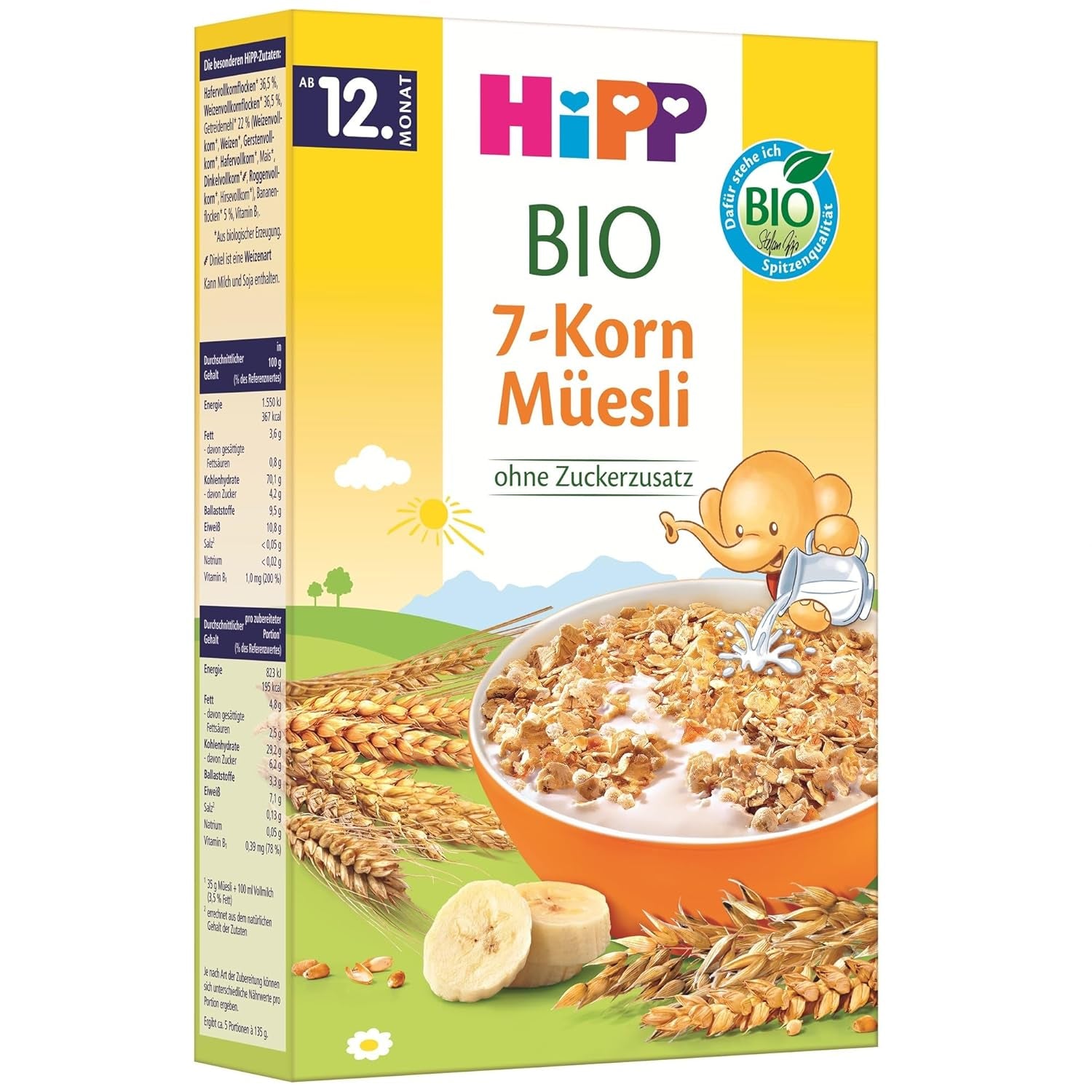HiPP organiczne musli z 7 ziarnami (8 x 200 g), od 12 miesiąca życia, bez dodatku cukru, bardzo drobne kawałki - łatwe do żucia, najlepsza jakość organiczna