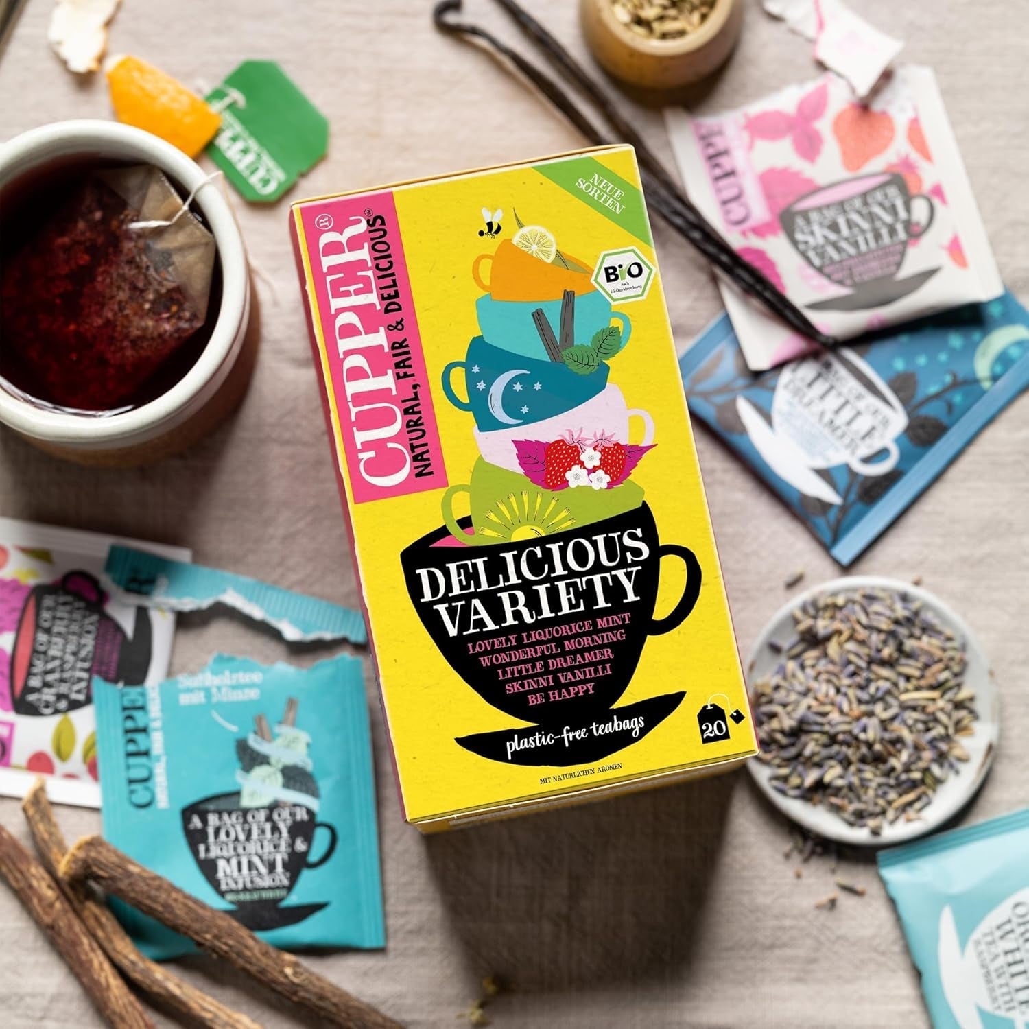 Set de ceaiuri bio Cupper Delicious Variety, 20 sortimente diferite de ceaiuri din plante și fructe, 20 pliculețe de ceai nealbite